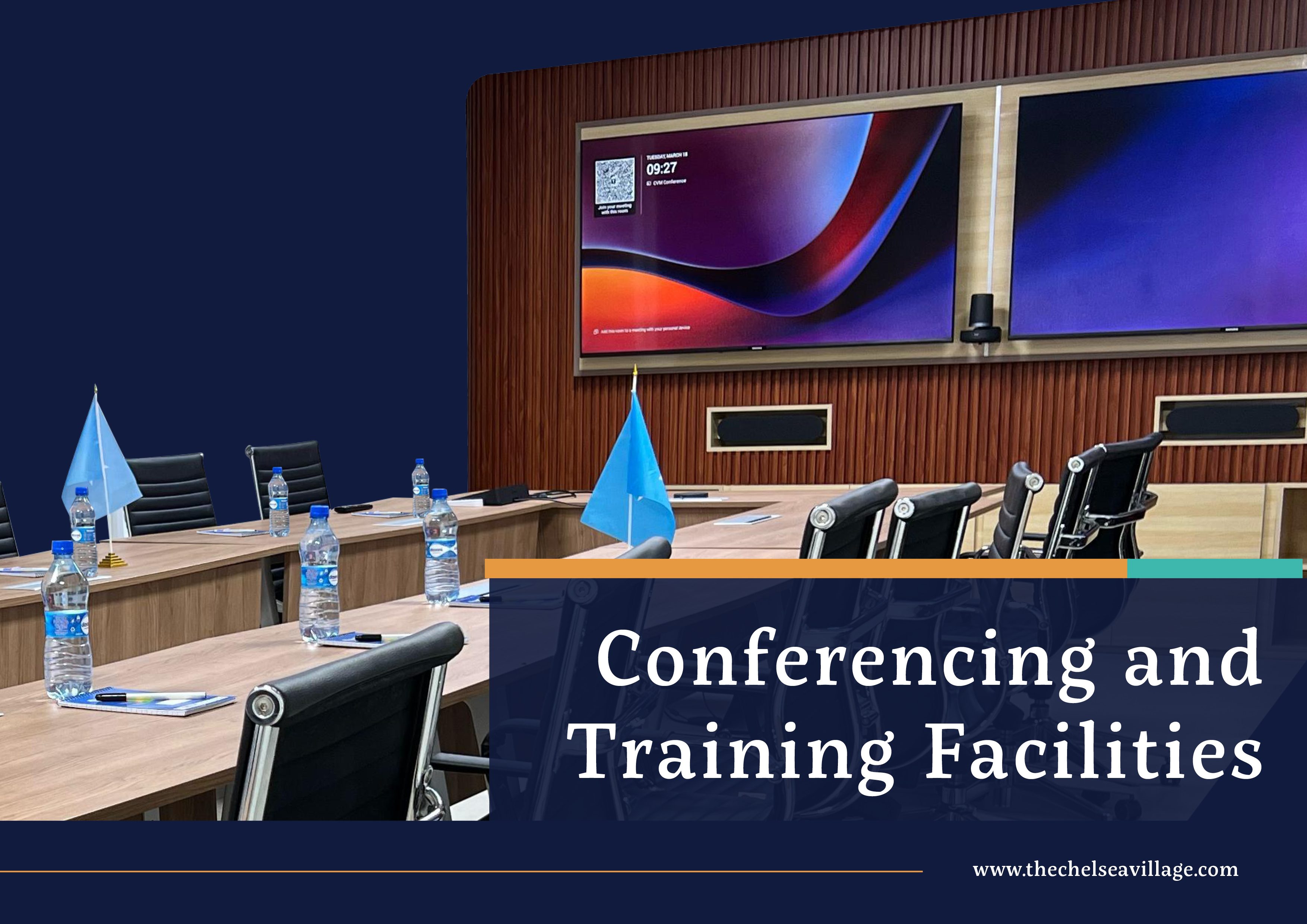 Front page of the Chelsea Village Hotel Conferencing and Training Facilities Brochure, showing our main conferencing centre with audio-visual equipment.