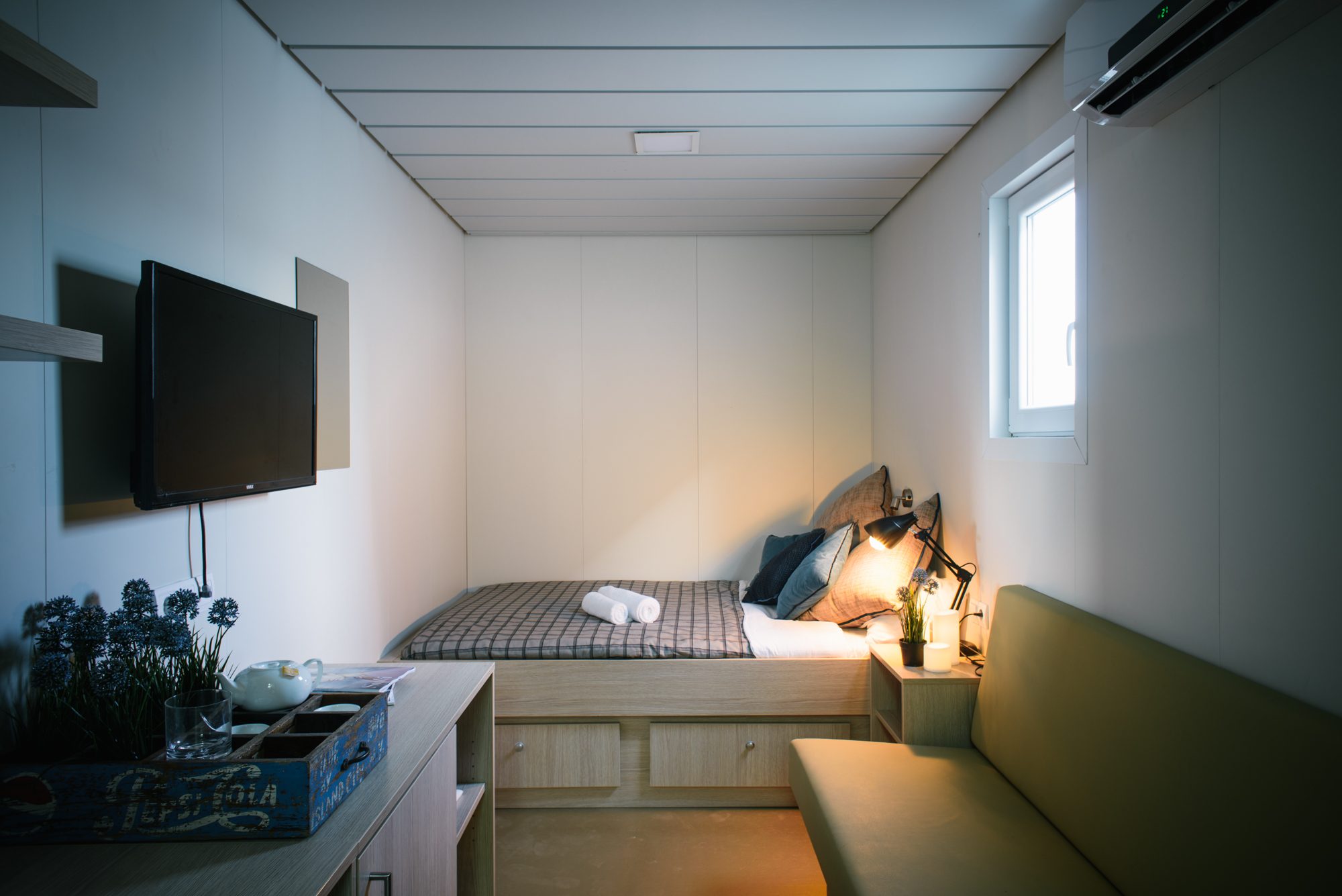 Interior Chelsea Village Hotel's reinforced container rooms